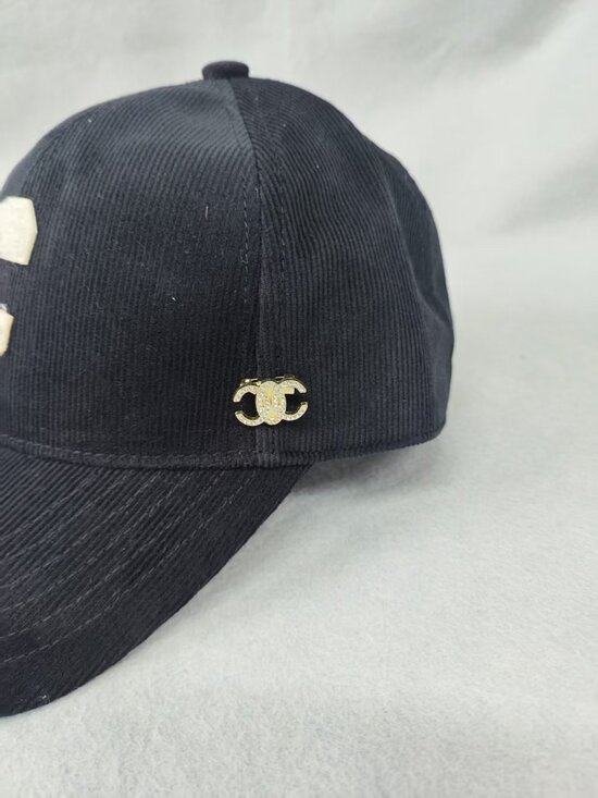 ? Celine Black Corduroy Baseball Cap White Frayed C Logo Rhinestone main image 4